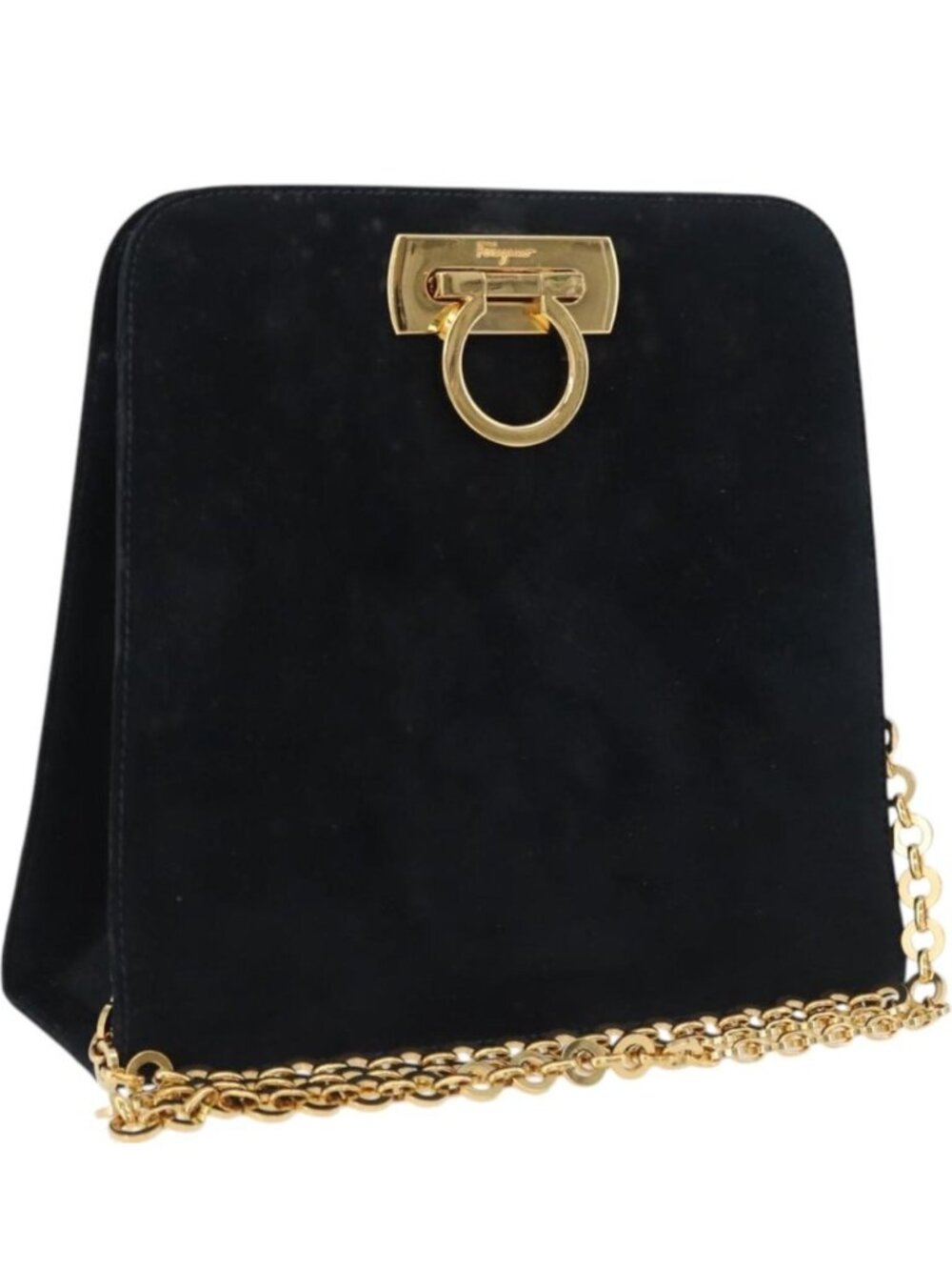 Salvatore Ferragamo Gancini Chain Shoulder Bag Suede Black Gold